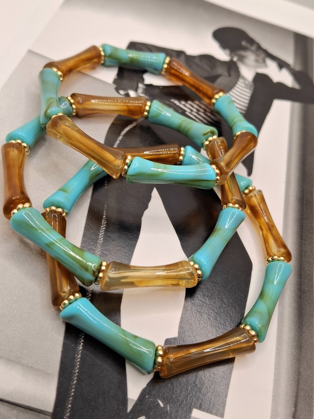 Turquoise & Amber Bamboo Bead Stretch Bracelet - Women Jewelry